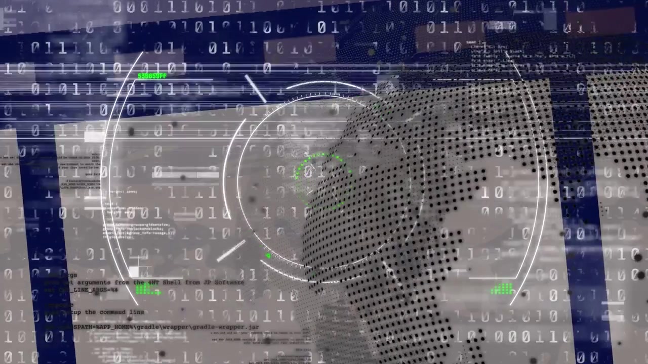 Scope scanning over spinning globe and binary coding data processing on blue background