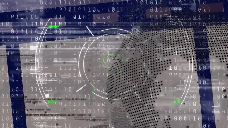 Scope scanning over spinning globe and binary coding data processing on blue background