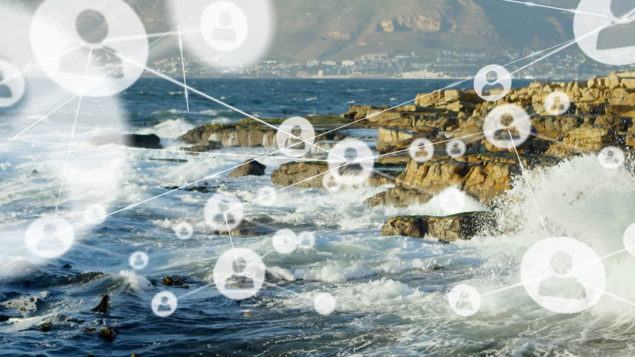 바다 위의 아이콘과 사람들의 연결 네트워크의 애니메이션