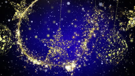 animation of shooting star and golden stars and baubles on blue background