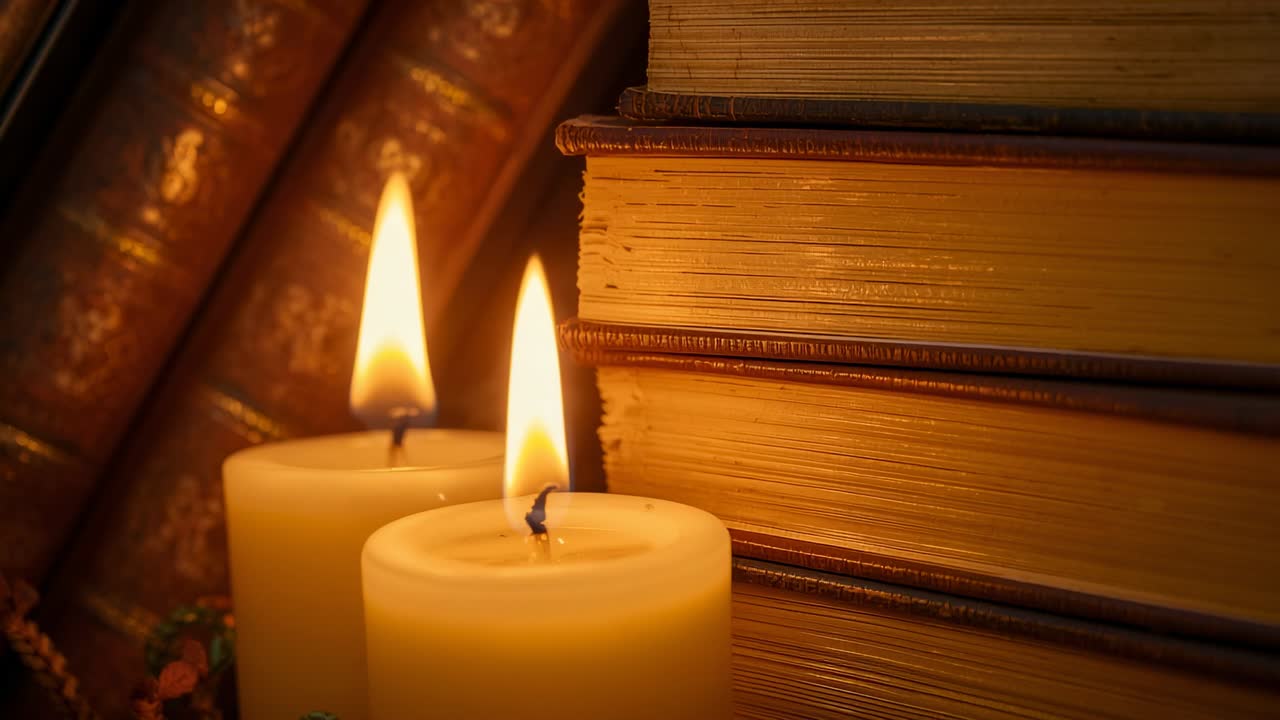 Wafting breeze flickering two pillar candles casting glow on shelf of books and pages, copy space