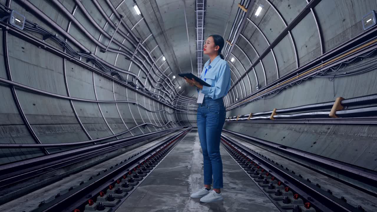 Full Body Side View Of Asian Female Professional Worker With Tablet In Underground Subway Tunnel, She Observes By Looking Around Before She Come To Concentrating With Tablet