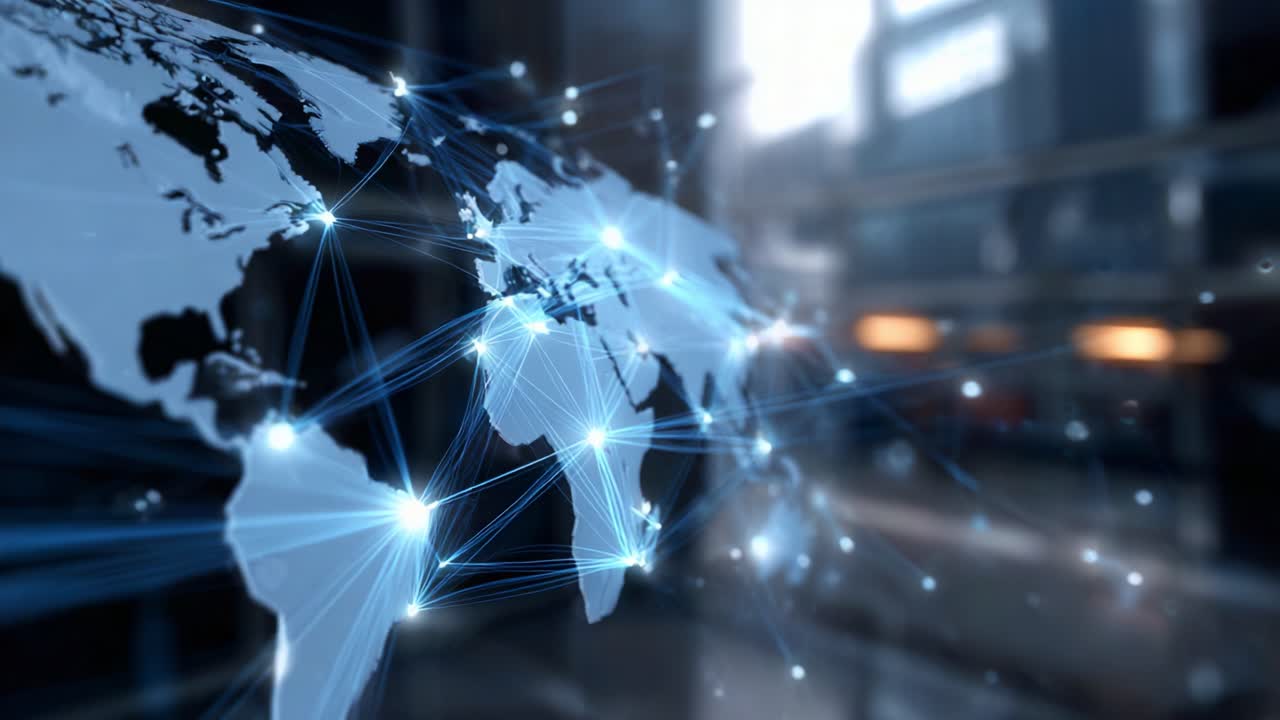 Dynamic Global Connectivity: Visualizing Network Links and Data Flow Across the World with a Futuristic Digital Map Representation of Interconnected Regions