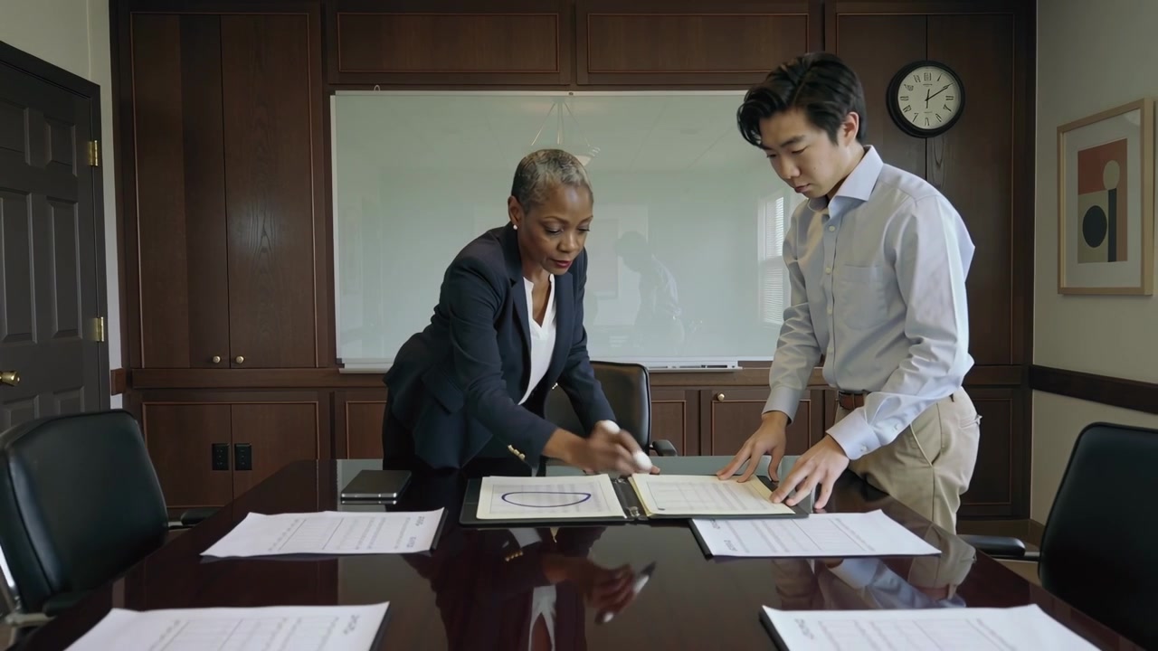 Pointing lead in blazer starting colleague stamping circled page at meeting table, approving binder