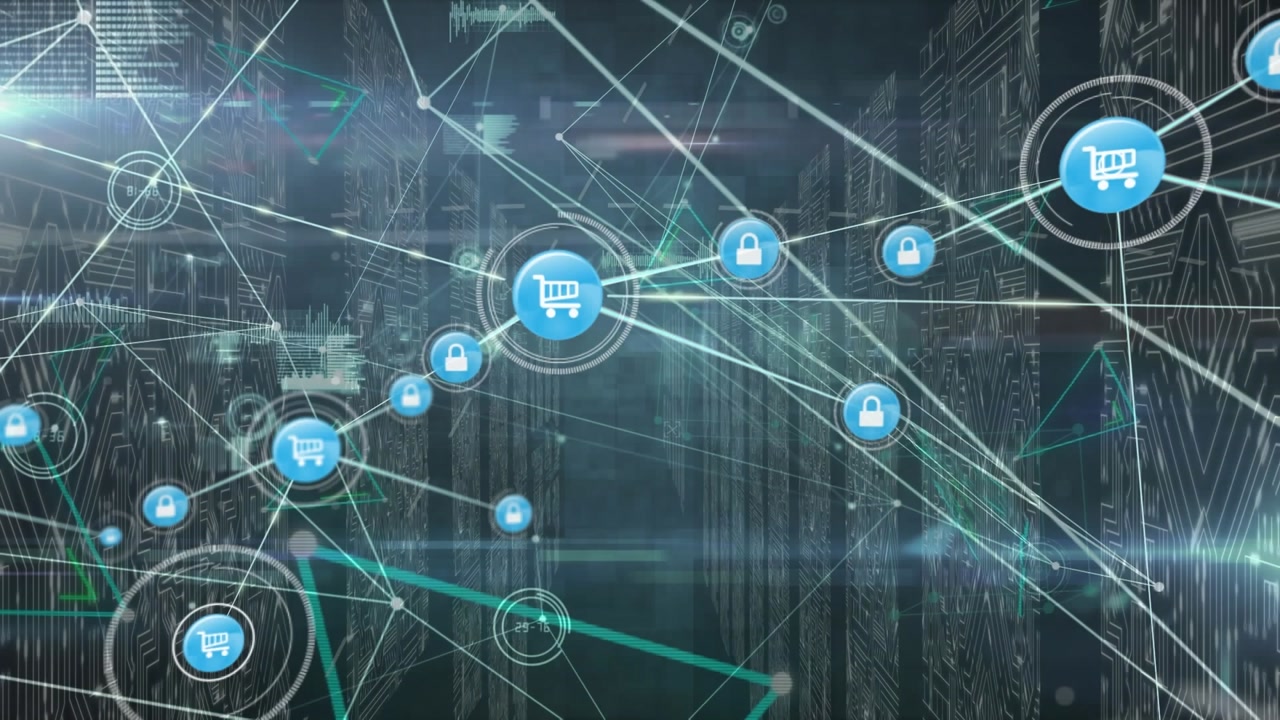 Animation of network of connections with icons and data processing over server room