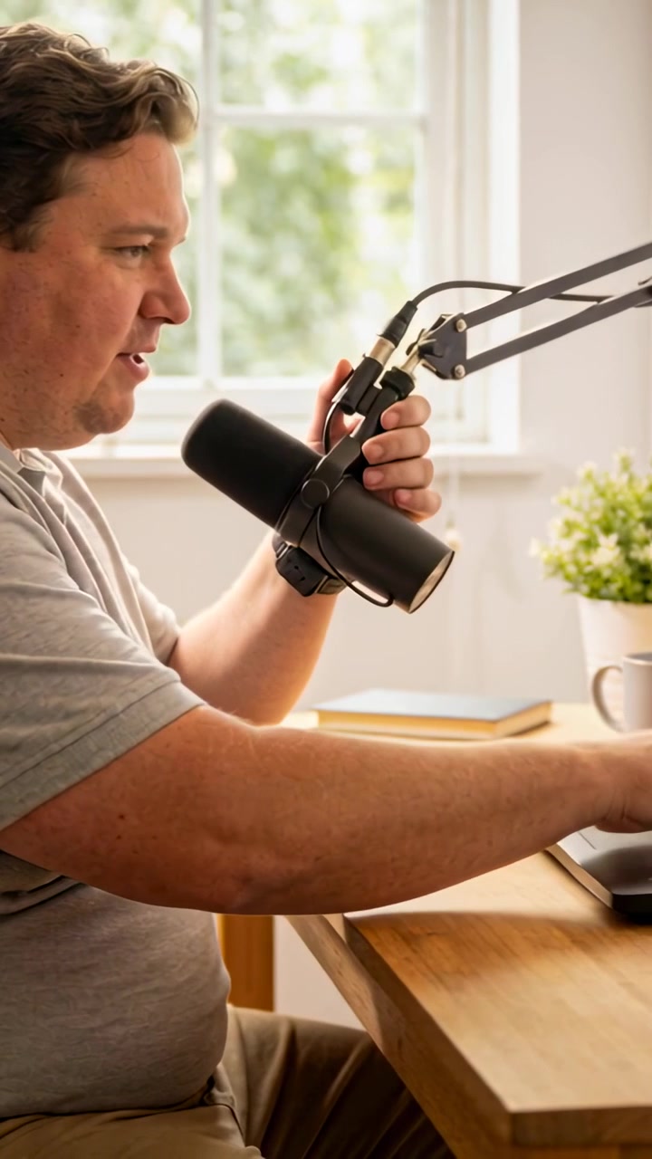 Vertikal video: Vært i grå polo skriver, rækker ud efter et krus og justerer mikrofon derhjemme, mens han forbereder en podcast.