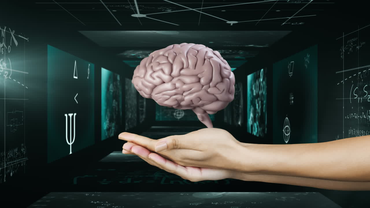 Animation of math equation on scientist screens and 3D brain holding by hands