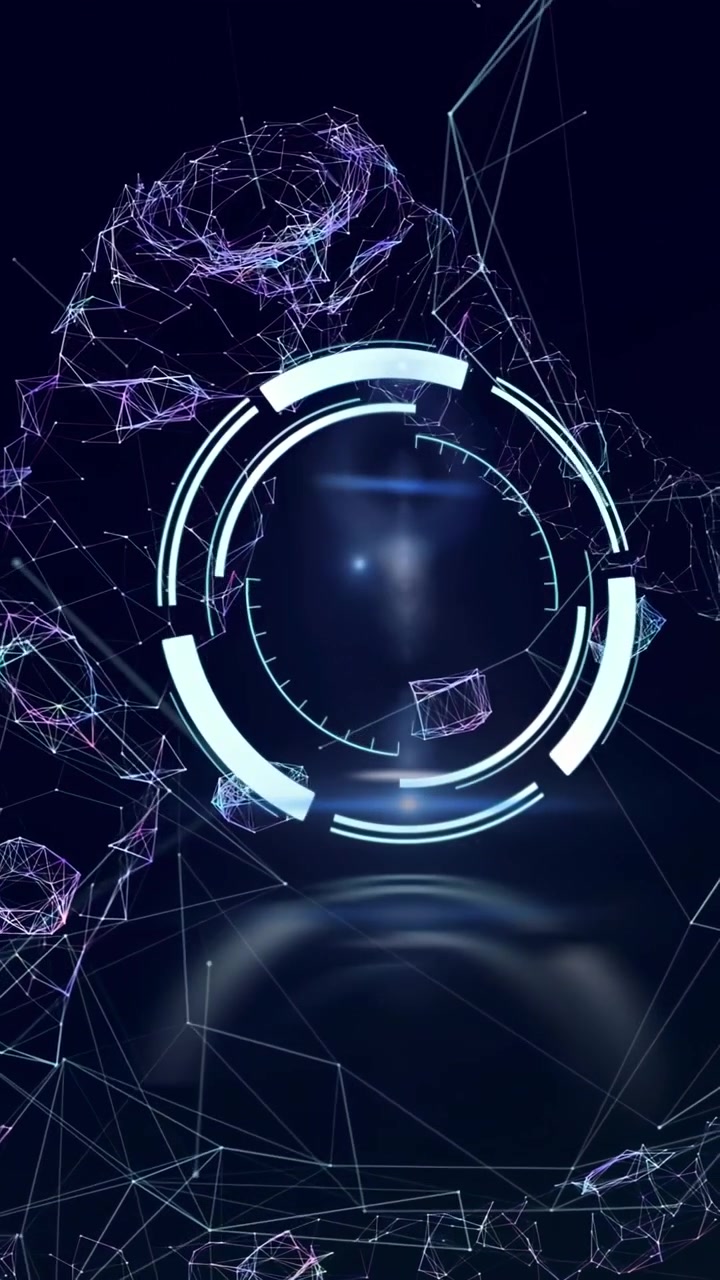 Vertical video: At boot tech holo ring rotating pulsing purple mesh forms nodes orbit showing data