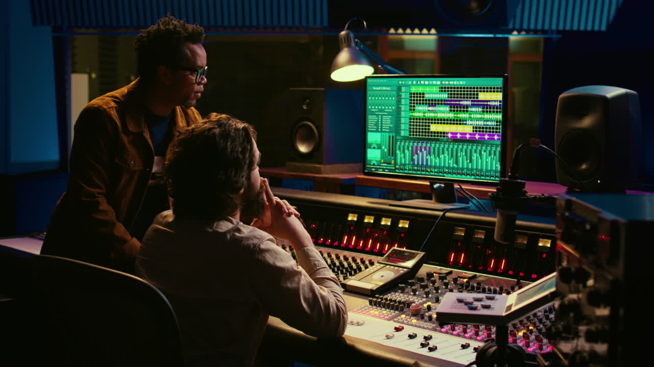 Musician and producer work on soundboard pads at professional studio