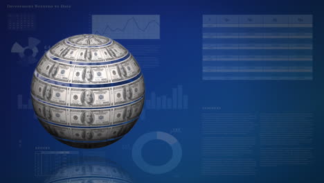 esfera giratoria de billete de dólar sobre un fondo azul oscuro con gráficos y estadísticas