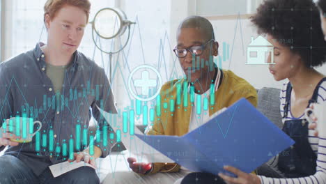 Animation of icons, multiple graphs with changing numbers, diverse coworkers discussing reports