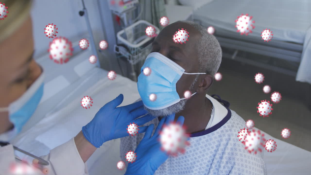 animación de células de covid-19 sobre una doctora y un paciente masculino con máscara facial