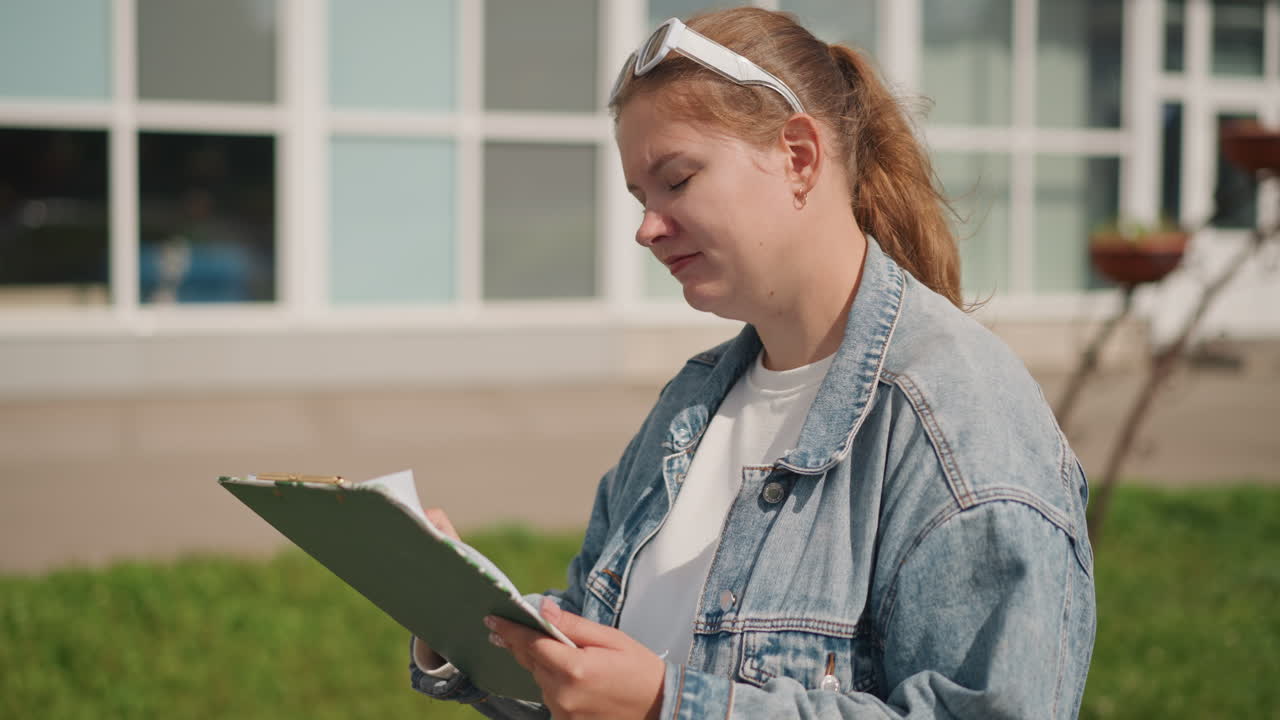 Young caucasian woman writing on clipboard near school building, denim jacket, headband, attentive expression, sunlight, candid student portrait with cyclist in background, thoughtful study moment