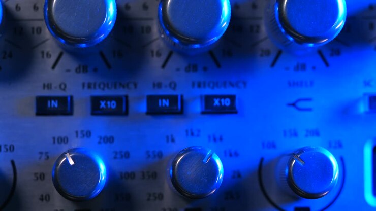 Adjustable handles on the compressor panel in professional recording studio. Blue neon light. Sound mixing concept. Dolly shot. 4k