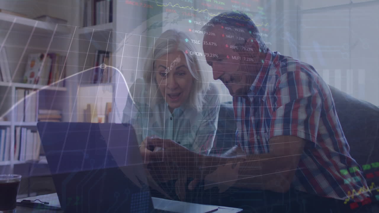 Animation of financial data processing over senior caucasian couple using laptop