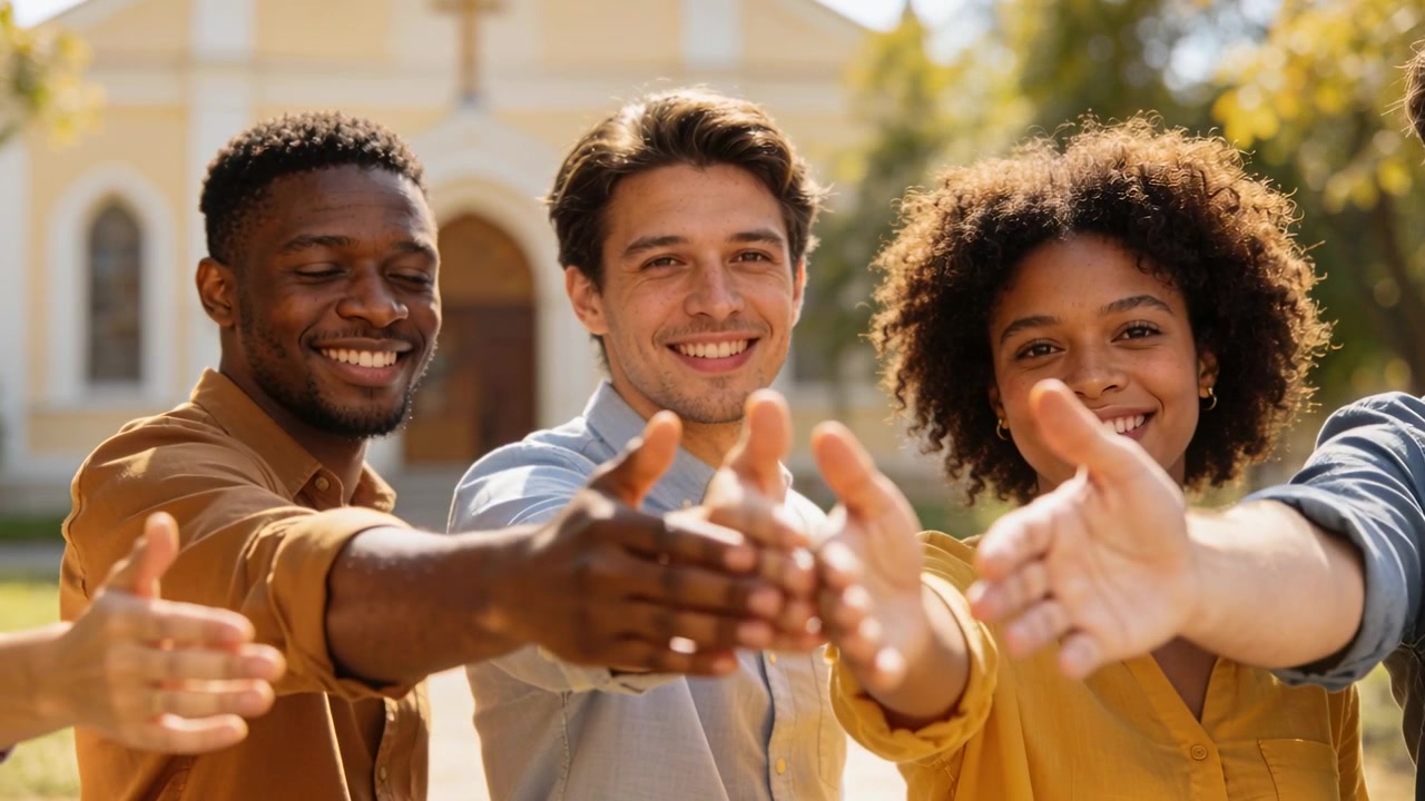 Leaning five adults extending hands toward camera at church cross, camera moving closer, welcoming