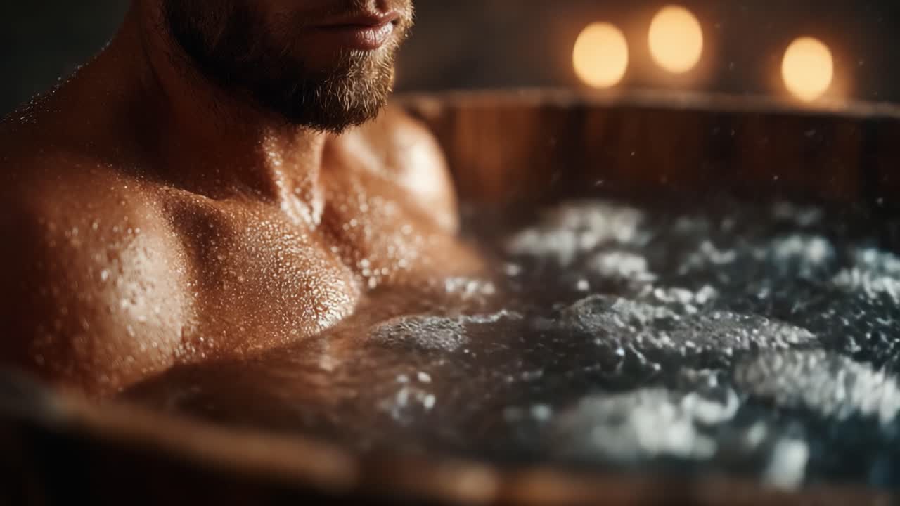 A Close-Up View of a Man Relaxing in a Wooden Bath, Surrounded by Soft Candlelight and Bubbling Water, Capturing a Moment of Serenity and Calmness