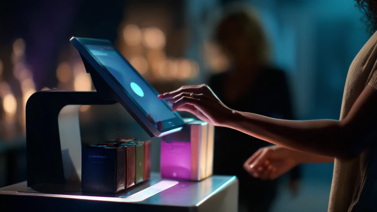 An Elegantly Designed Touchscreen Interface in a Dimly Lit Environment with Colorful Product Boxes, Showcasing Interactivity and Modern Technology in a Retail Setting