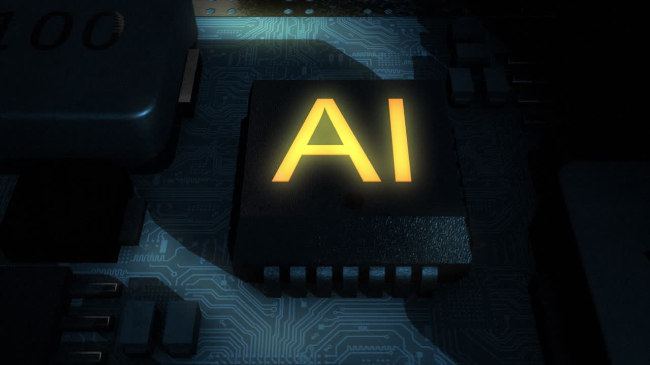 oscuro y siniestro renderizado en cgi de alta calidad de una placa de circuito integrado con un chip de ia brillante naranja, con un movimiento suave en el sentido de las agujas del reloj de la cámara empujando lentamente en el chip central de ai