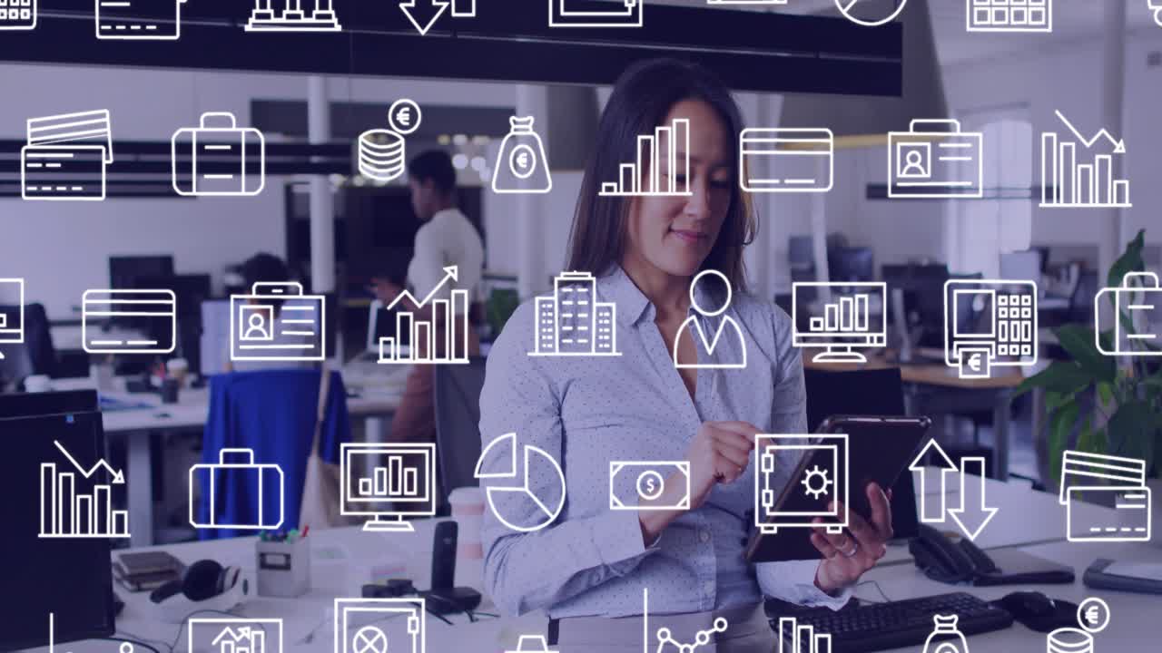 Woman at standing desk tapping tablet and swiping, starting finance icons floating, viewing charts