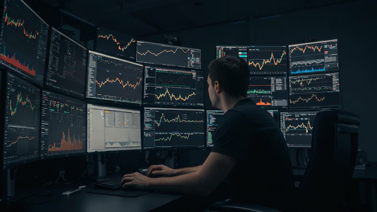 A Focused Analyst Analyzes Complex Data Trends on Multiple Monitors, Revealing Insights into Market Dynamics and Trading Strategies in a Dark Environment