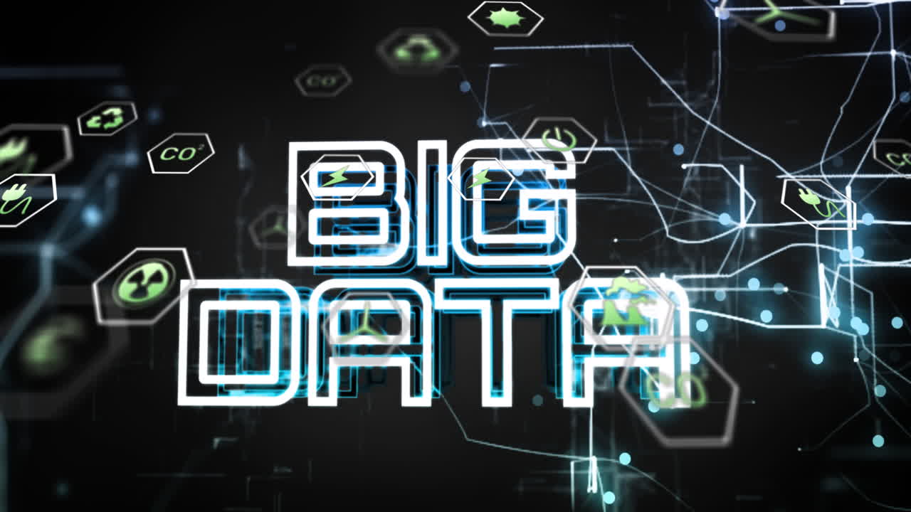 Animation of big data text banner, light trails and multiple digital icons against black background