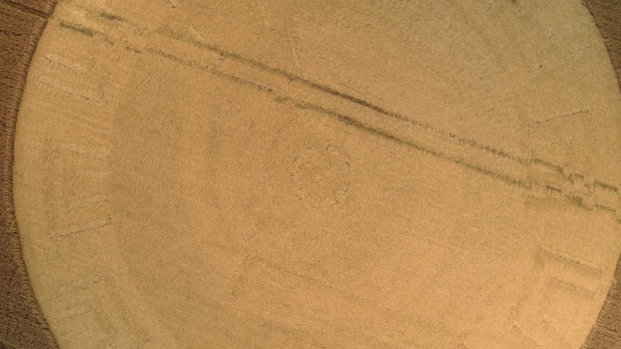 Aerial view rising above golden remains of crop circle design after farmer cultivated wheat harvest