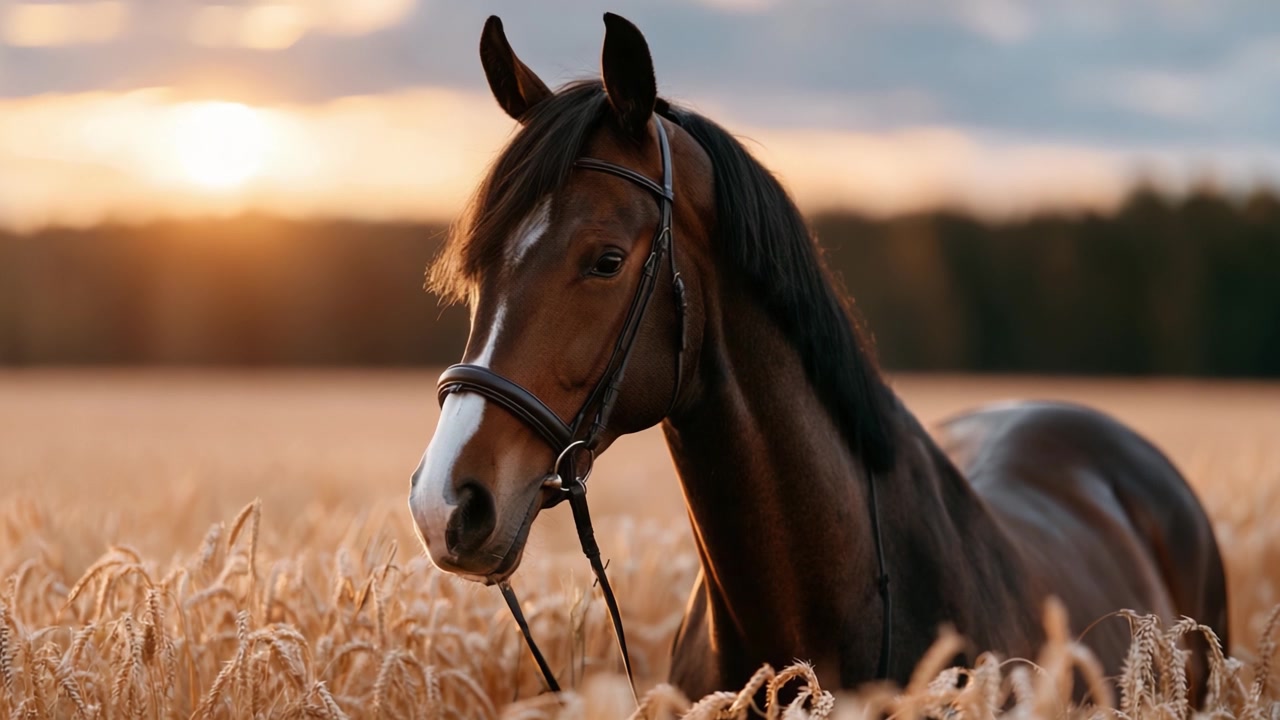 Ein majestätisches Pferd steht anmutig inmitten goldener Weizenfelder bei Sonnenuntergang und fängt die Schönheit der Natur und pferdliche Eleganz in einer ruhigen Landschaft ein.