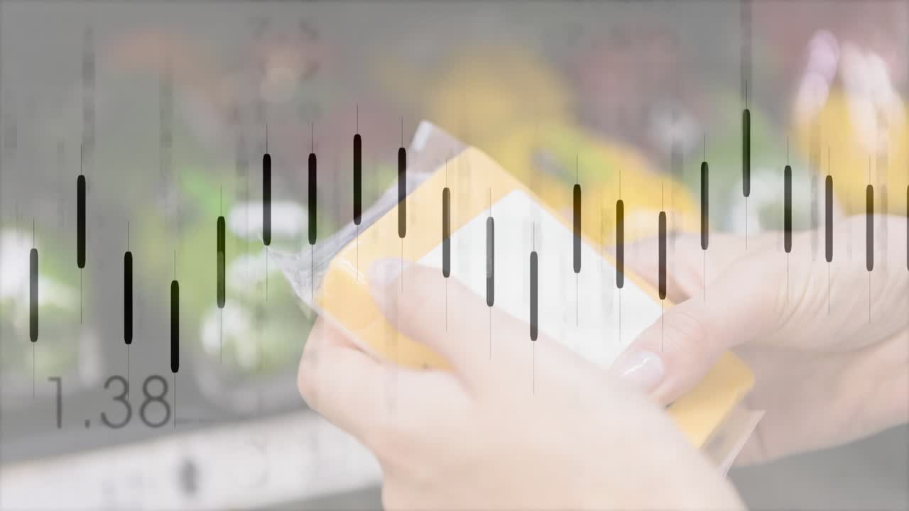 Picking up package, shopper rotating and inspecting white label, comparing with animated chart data