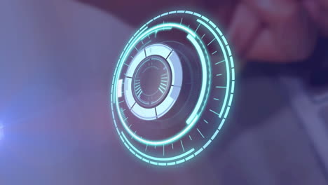 animation of moving spotlight and circular safe lock rotating over hand on blurred background