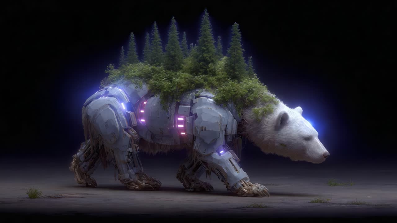 Un orso futuristico con un lussureggiante ecosistema forestale integrato nella sua struttura meccanica, che simboleggia l'intersezione tra natura e tecnologia