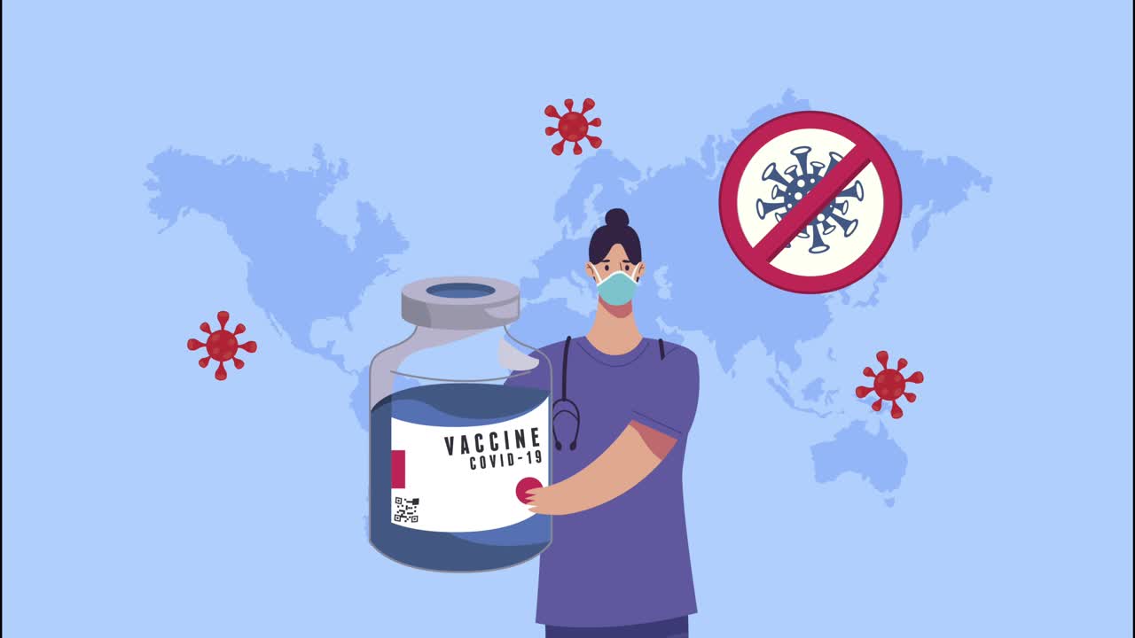 nurse lifting covid19 vaccine vial and earth maps