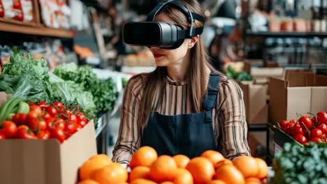 una mujer con un auricular de realidad virtual en una tienda de comestibles