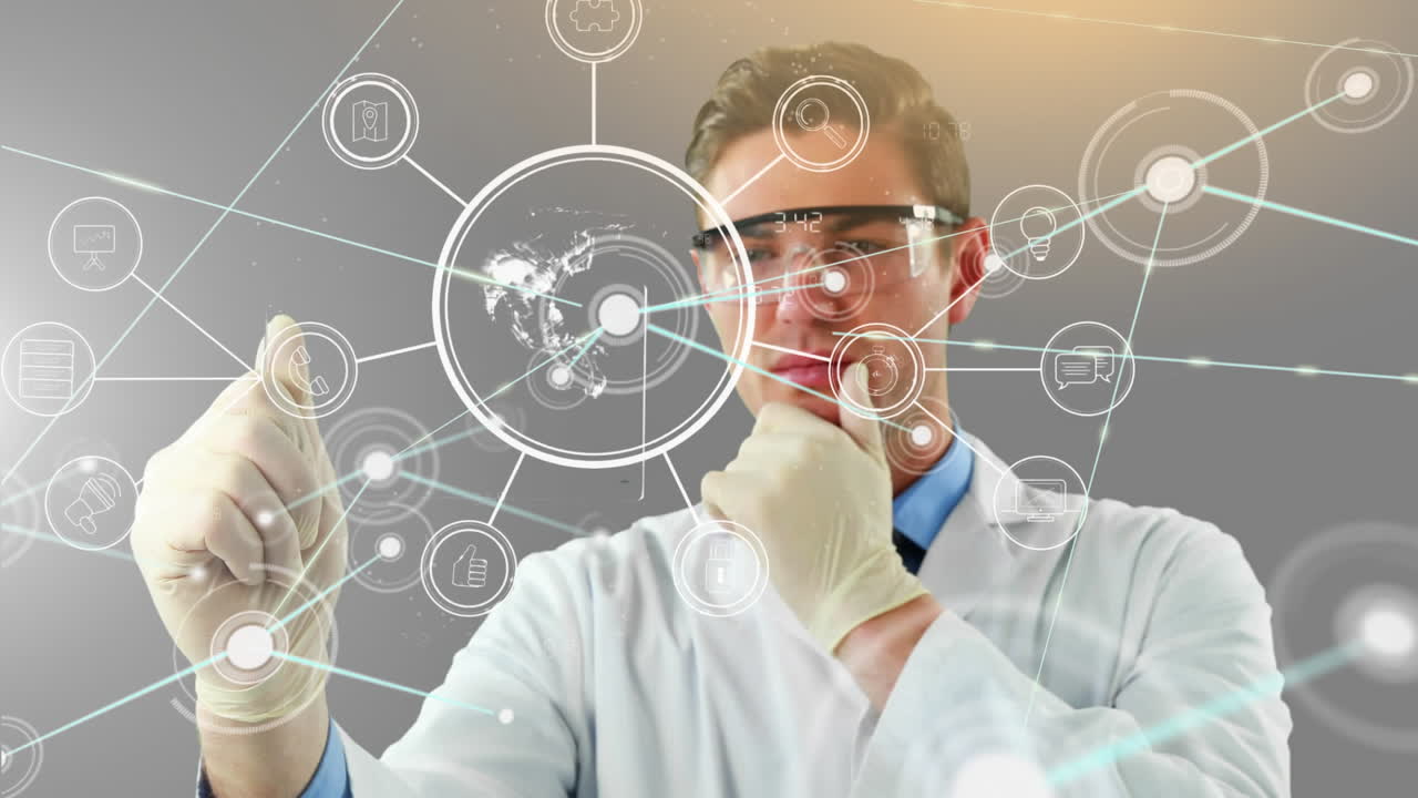 animación de la red de conexiones con iconos digitales sobre la pantalla táctil del científico masculino