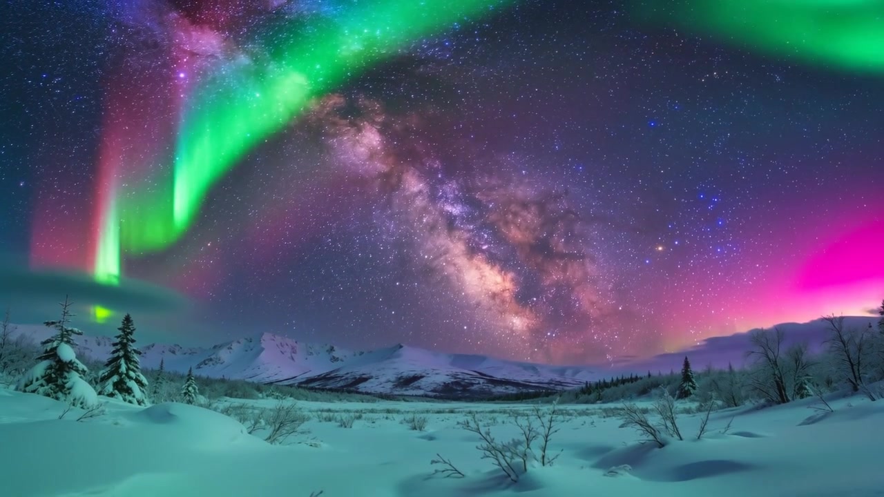 Una fascia aurorale emergente che forma un arco verde e rosa sopra cumuli di neve e il nucleo della Via Lattea.