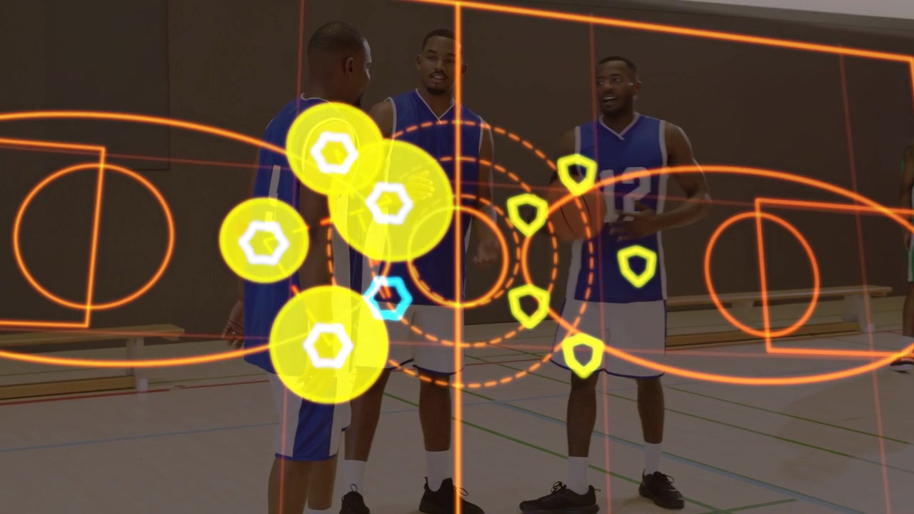 Sports overlay appearing as blue players shifting inward coordinating play with hexagon badges