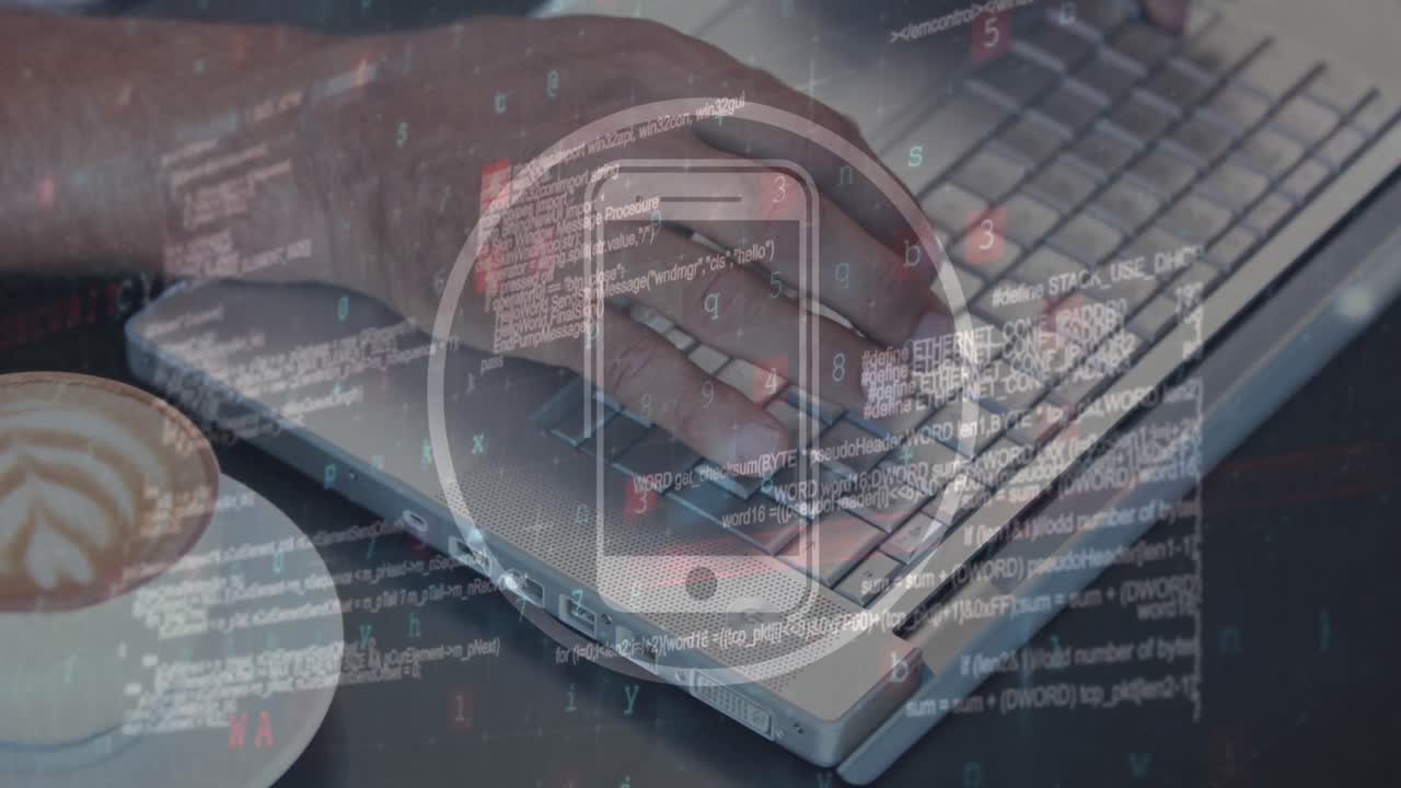 Animation of smartphone icon and data processing against mid section of man using laptop at a cafe