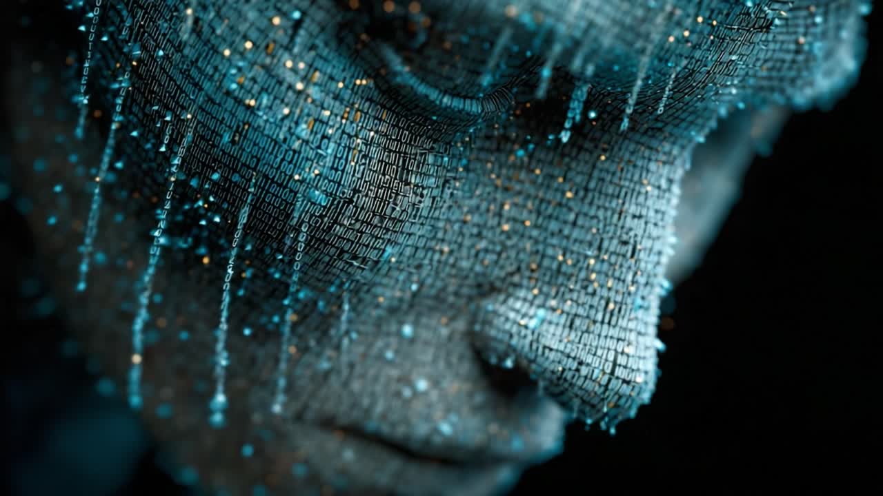 Abstract human face constructed from a binary code grid with flowing digital data, representing concepts like artificial intelligence, virtual reality, big data, and technological singularity