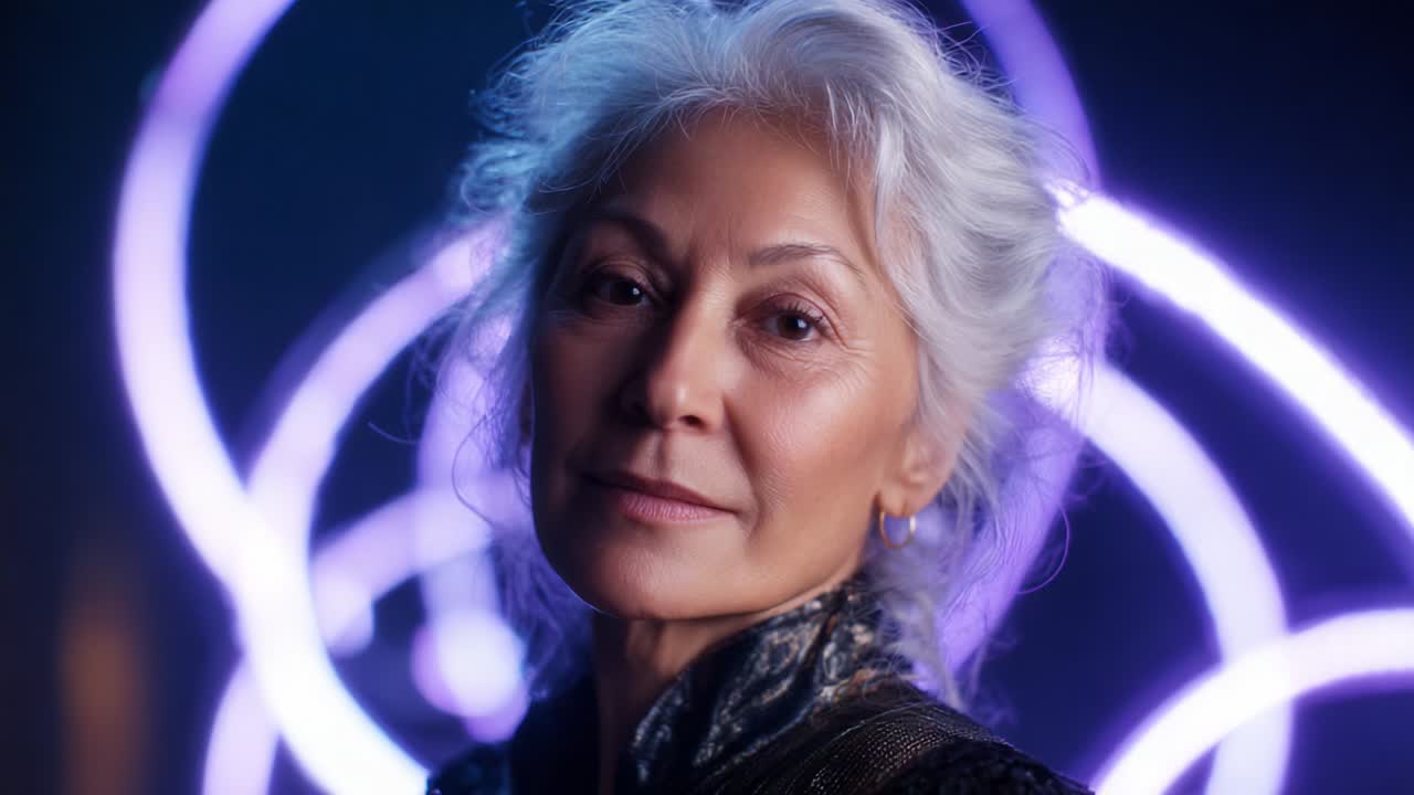 Captivating Portrait of an Elegant Woman with Radiant Hair Against a Dazzling Abstract Background of Soft Neon Swirls That Evoke a Sense of Mystery and Charm in a Striking Visually Stunning Composition