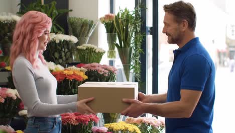 a bright floral shop experience: a flower delivery connection captured in two frames, showcasing fresh blooms and joyful transactions with customers