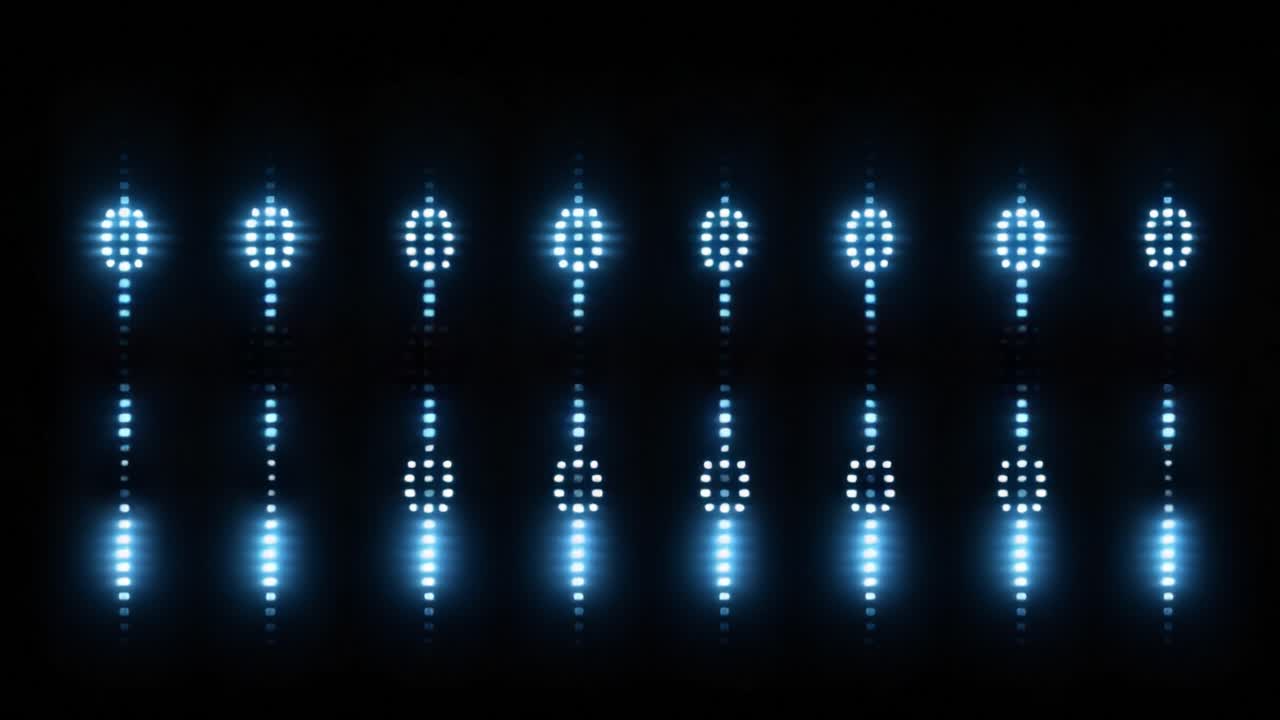 Blue led lights forming a dynamic graphic equalizer display on a dark background. Abstract futuristic animation for concerts, nightclubs, music events, and modern visual presentations