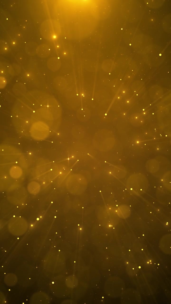 Rayos de brillo dorado cálido que se extienden a través de bokeh flotante, partículas brillantes, profundidad de luz cinematográfica y ambiente festivo.