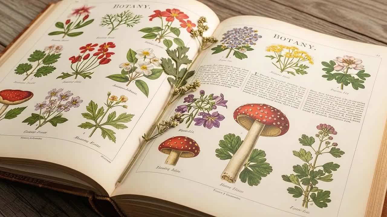 An Enchanting Exploration of Botany: A Detailed Examination of Various Plants and Mushrooms Captured in a Beautifully Illustrated Botanical Book