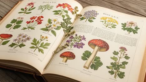 an enchanting exploration of botany: a detailed examination of various plants and mushrooms captured in a beautifully illustrated botanical book