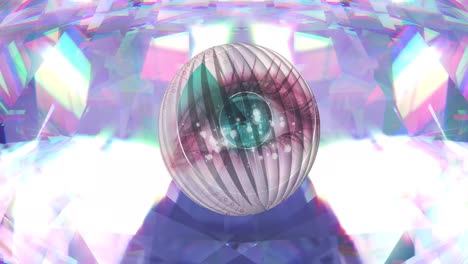 animation of globe with eye and light spots over glowing crystals