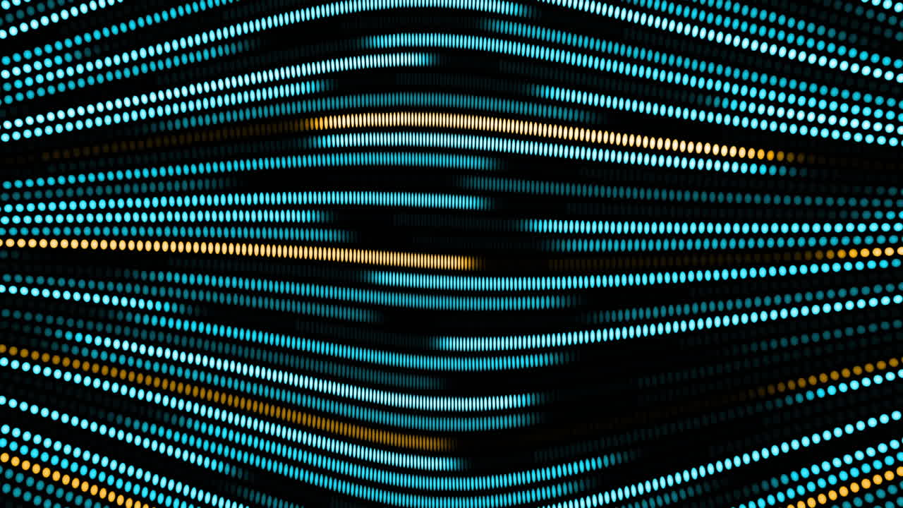 Animation of blue and yellow dotted light trails moving in hypnotic motion on seamless loop