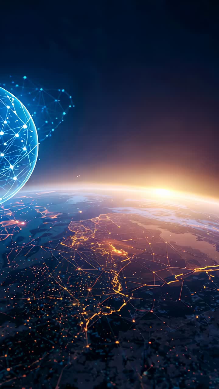 Vertical video: Moving blue net sphere entering from left to dawn Earth, matching golden lines