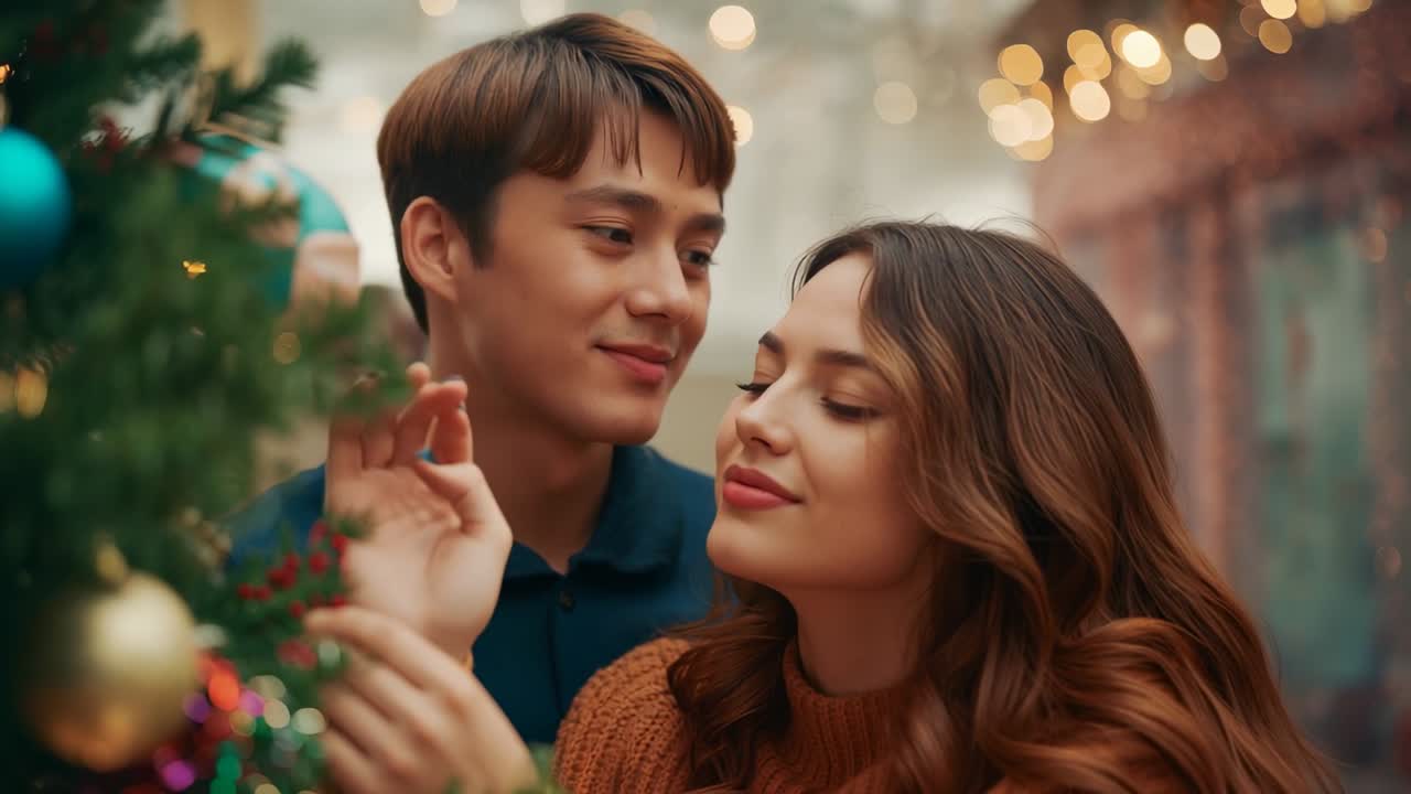 Entering man and woman decorating Christmas tree in living room, with turquoise and gold baubles