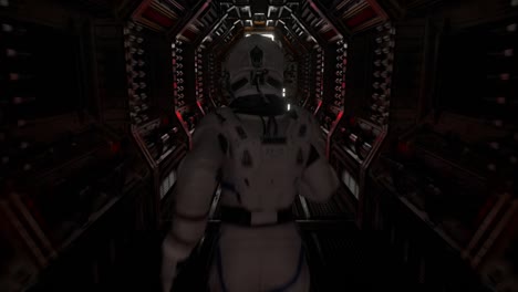 astronaut runs through a tunnel to another compartment of the space gate. spaceship and technology concept. 4k animation of seamless loop