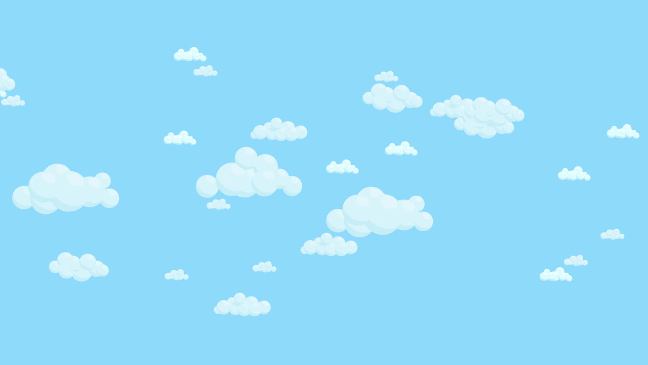 cielo azul lleno de nubes moviéndose de izquierda a derecha. fondo del cielo de dibujos animados. animación plana.